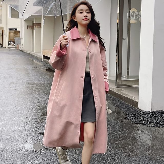 JVL-Collared Two Tone Midi Button Trench Coat