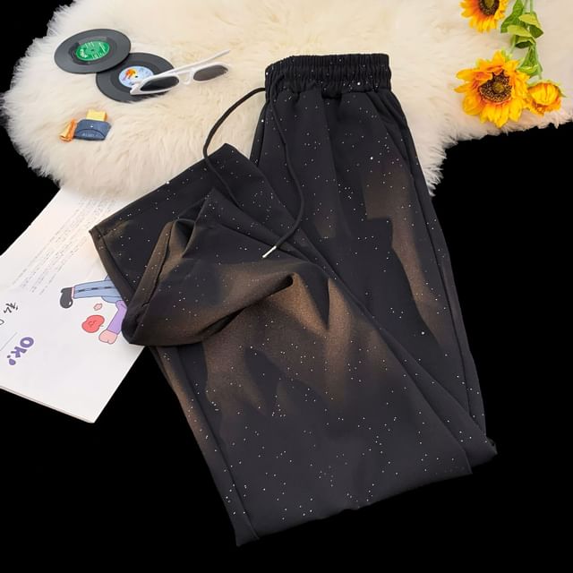 Hushgrain-Drawstring Waist Glitter Wide Leg Pants