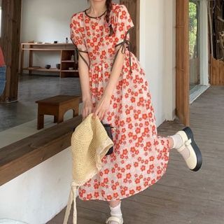 Acoustic Rain - Short-Sleeve Floral A-Line Midi Dress | YesStyle