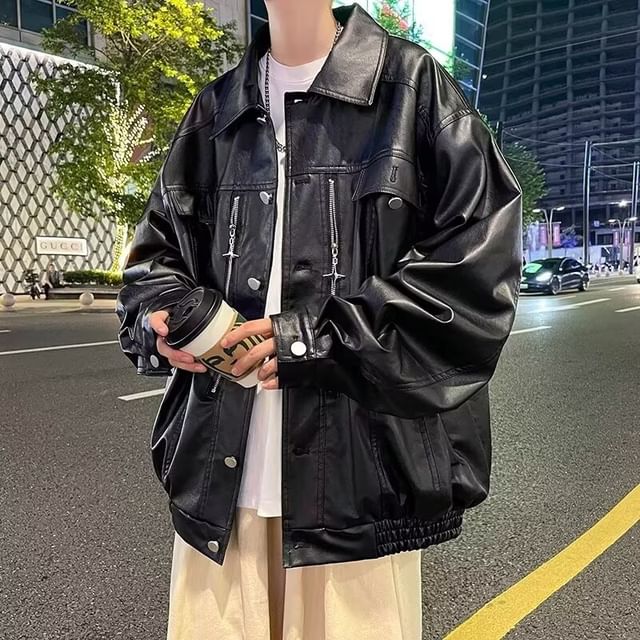 Bay Go Mall-Plain Faux Leather Single-Breasted Jacket