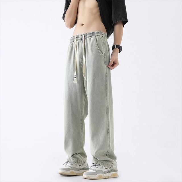 Wolfkane-Drawstring Waist Washed Straight Leg Jeans