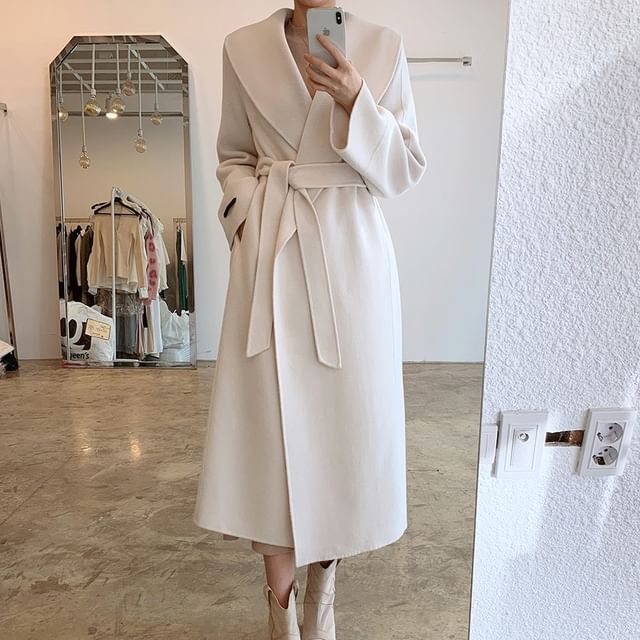 Coris-Collared Plain Midi Tie Front Coat