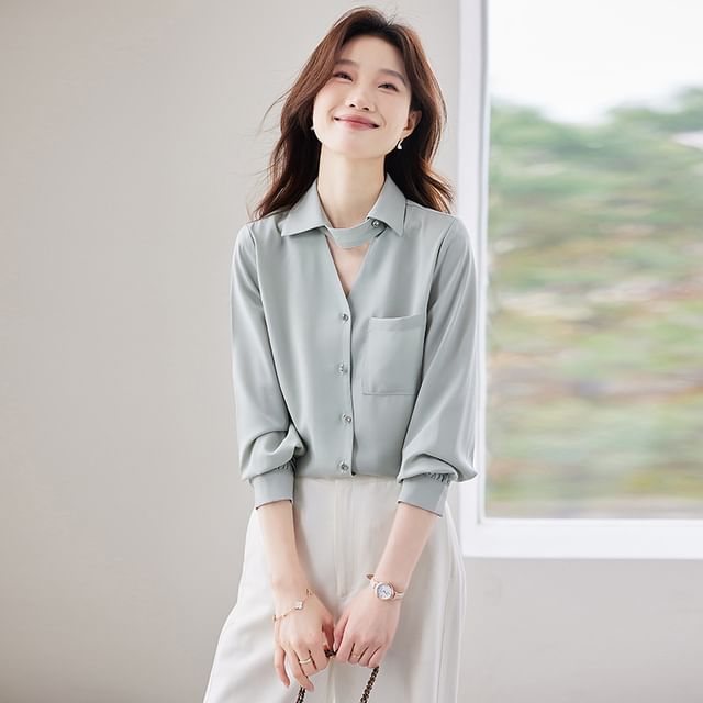 Skyheart-Long Sleeve Collared V-Neck Plain Shirt