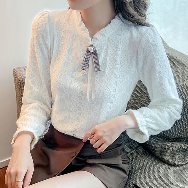 PERFASHIONIST - Long-Sleeve Ruffle Trim Lace Blouse | YesStyle