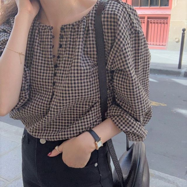 Inchioh-Long-Sleeve Round Neck Plaid Button-Up Blouse
