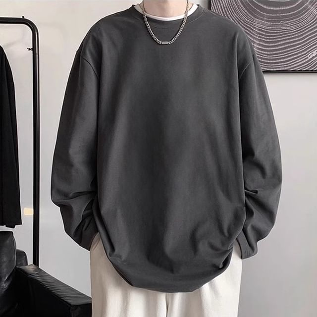 Macho-Long Sleeve Crew Neck Plain Oversized T-Shirt
