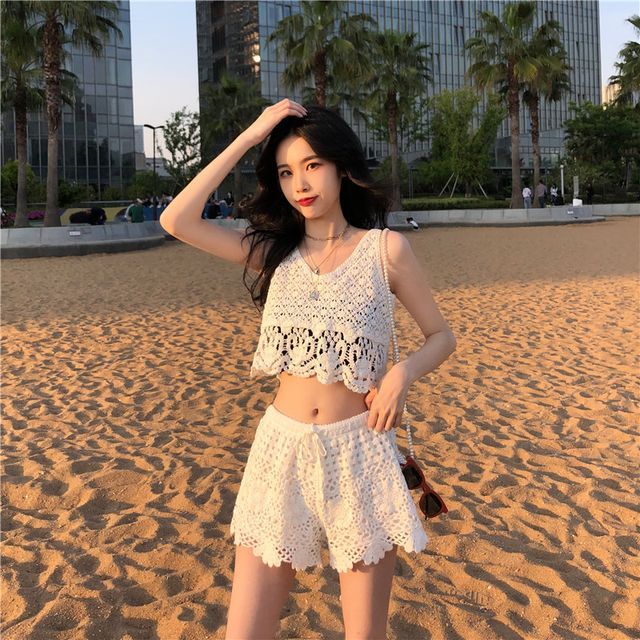 Juuri-Crochet Crop Tank Top Shorts