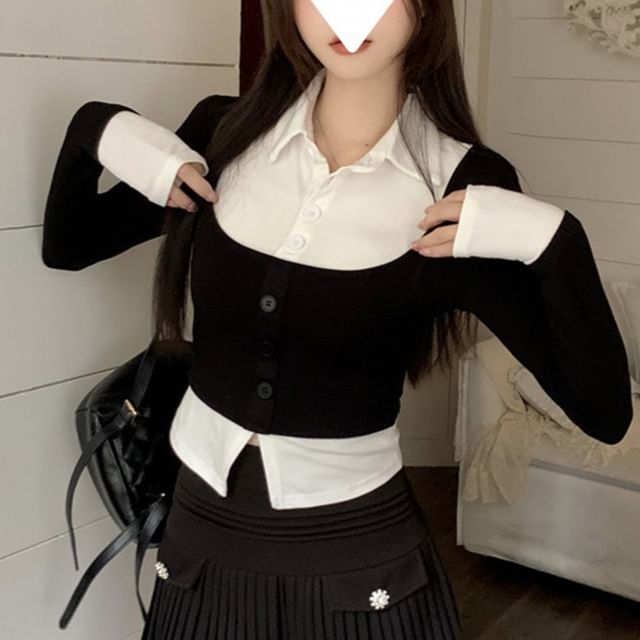 Hevnir-Long Sleeve Collared Mock Two Piece Button Up Crop Top