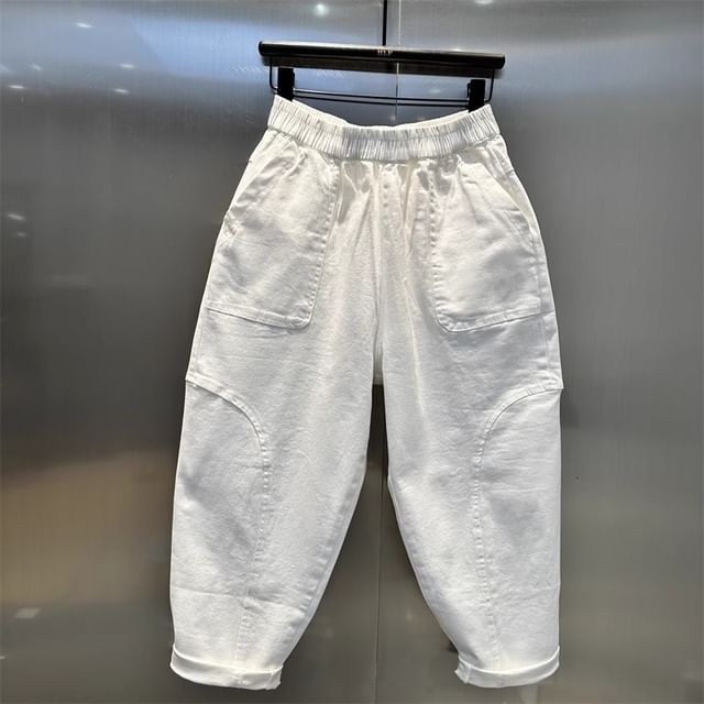 fluffush-Elastic Waist Plain Panel Barrel Leg Pants