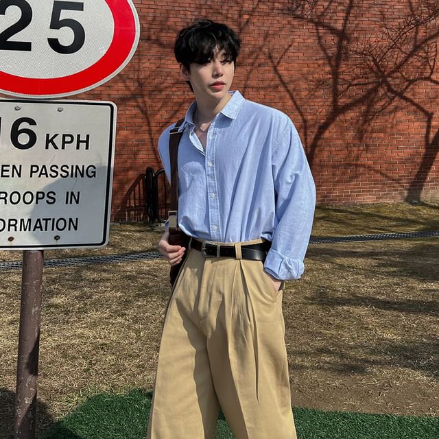 MRCYC-Long-Sleeve Plain Button-Up Shirt