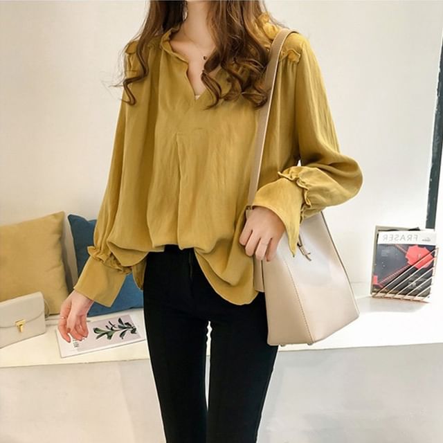 MIKIGA-Puff-Sleeve Plain Ruffled Blouse