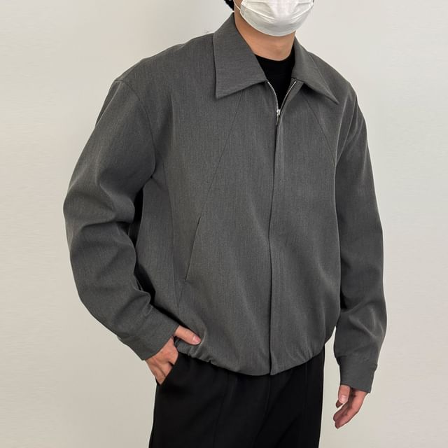 DragonRoad-Collared Zip-Up Plain Jacket