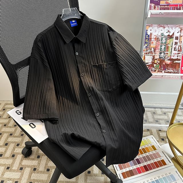 Whyessa-Short-Sleeve Plain Button-Up Shirt