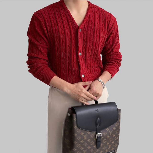 Okwano-V-Neck Plain Cable Knit Cardigan