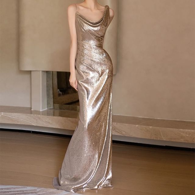 Fioridi-Spaghetti Strap Asymmetrical Sequined Mermaid Evening Gown