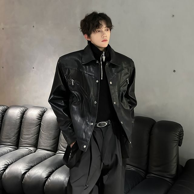 Patow-Faux Leather Button-Up Jacket