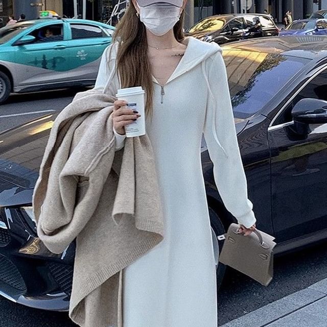 CRIBI-Half Buttoned Plain Hoodie Dress