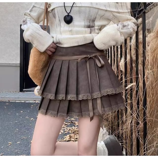 Trendycas - High Rise Bow Tiered Pleated Lace Trim Mini A-Line Skirt |  YesStyle