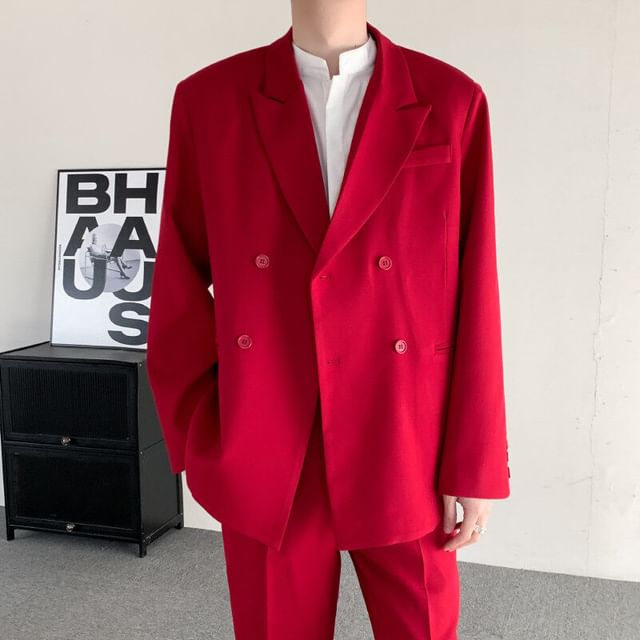 Orungeetun-Peak Lapel Plain Double Breasted Blazer