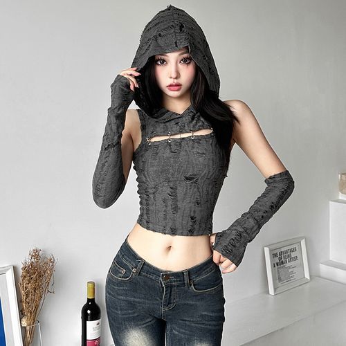 Set: Plain Safety Pin Distressed Hooded Crop Tank Top + Arm Sleeves