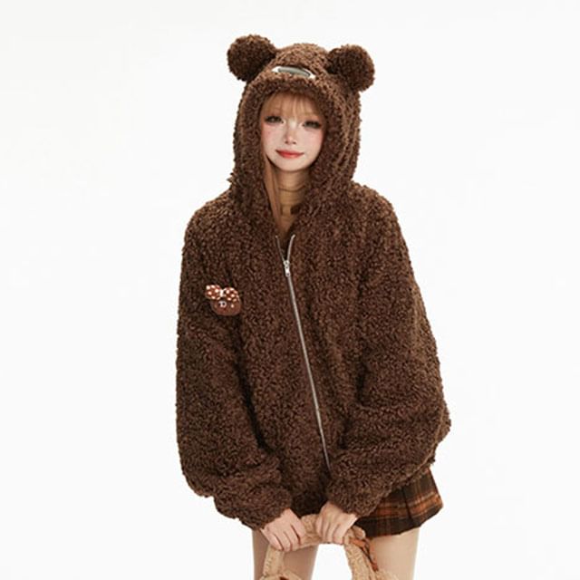 KUMI Teddy Bear Ears Hooded Zip Up Fluffy Coat YesStyle