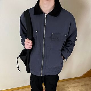 Orungeetun-Contrast Collar Plain Zip Cargo Jacket
