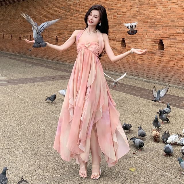 pink tie dye halter dress Lydiah - Neck Ruffle Maxi A-Line Mini dress