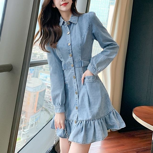 button ruffle hem denim dress