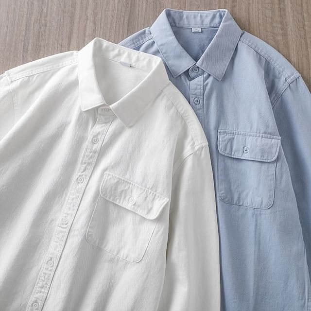 DuckleBeam-Long-Sleeve Plain Pocket Front Shirt
