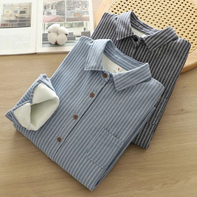 PANDAGO-Striped Fleece-Lined Button-Up Shirt
