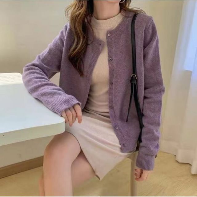 Sienne-Crew Neck Plain Button-Up Cardigan