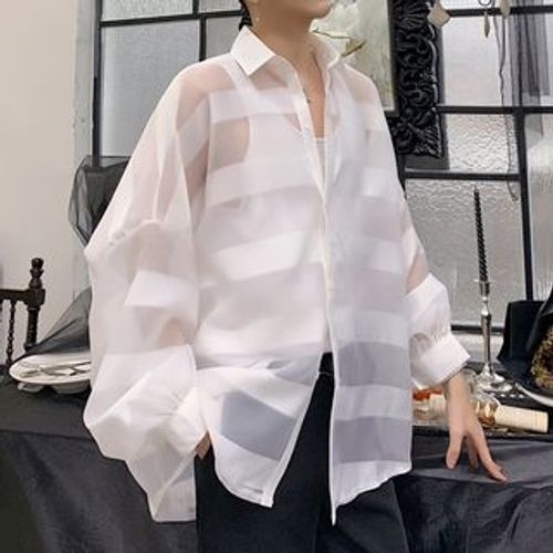 Bjorn - Sheer Striped Drop-Shoulder Shirt | YesStyle