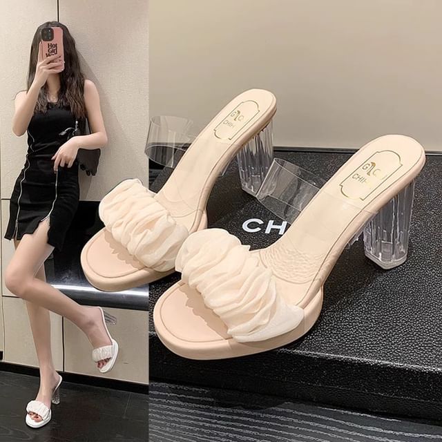 Anran-Transparent Chunky Heel Ruffle Slide Sandals