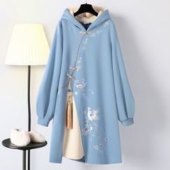 Graigen - Hooded Long-Sleeve Embroidered Printed Qipao Dress