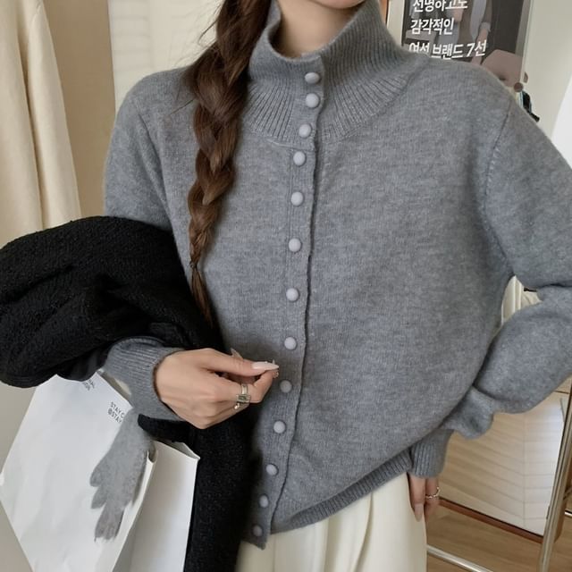 Cloud Nine-Plain High Neck Button-Up Cardigan