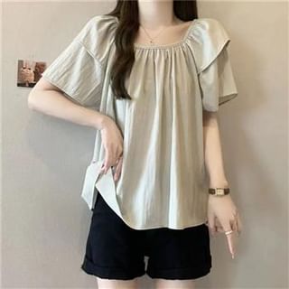 Everose-Short-Sleeve Square Neck Plain Chiffon Blouse