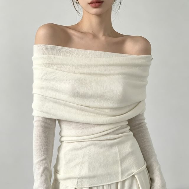PINPI-Long-Sleeve Off Shoulder Plain Knit Top