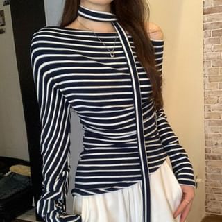 Beem-Long Sleeve One Shoulder Striped Asymmetrical Tee