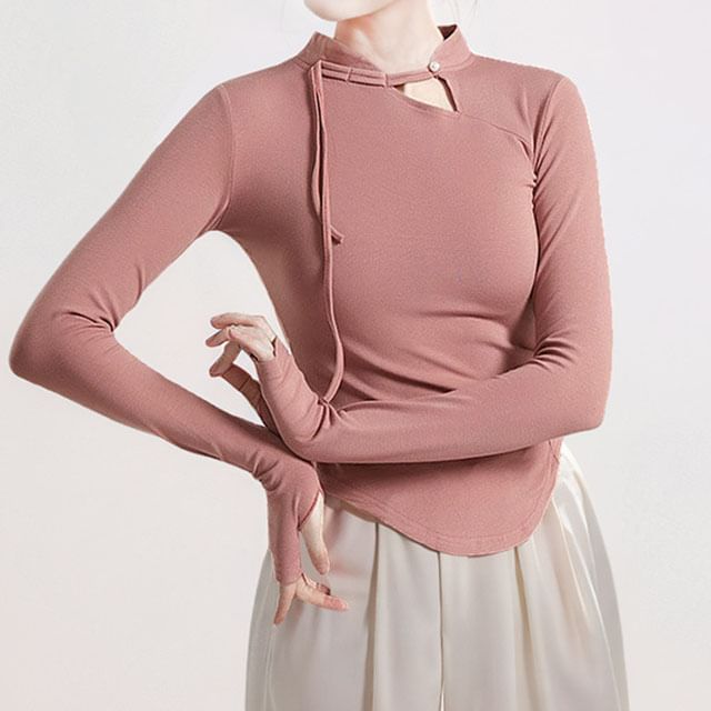 Cossita-Long Sleeve Band Collar Plain Tee