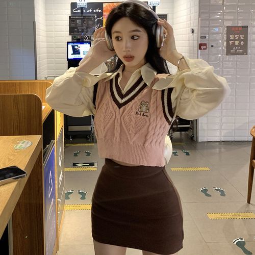 Duwnie - Long-Sleeve Collared Plain Crop Shirt / V-Neck Striped Bear  Embroidered Cable Knit Crop Sweater Vest / High Waist Plain Mini Pencil  Skirt