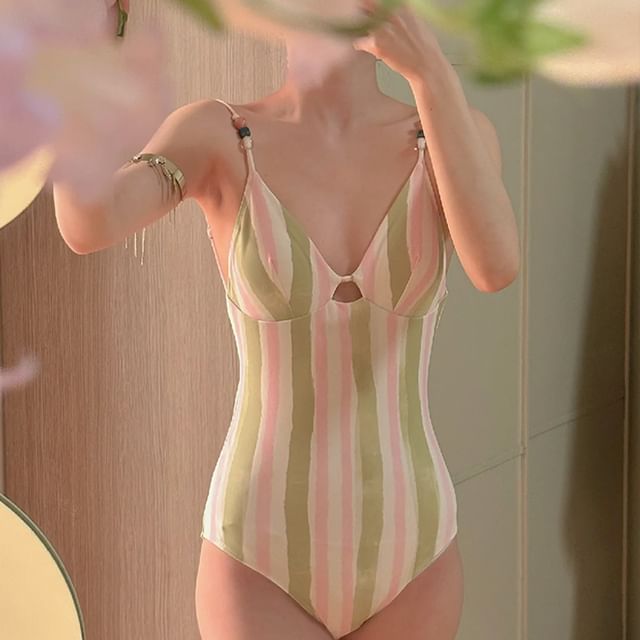 CUCURBIT-Spaghetti Strap V-Neck Striped Swimsuit