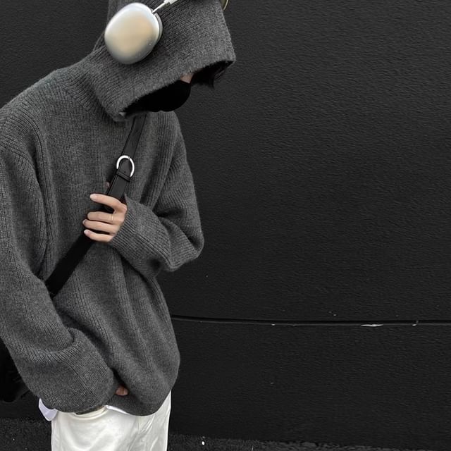 DragonRoad-Plain Hooded Ribbed Sweater