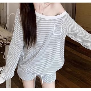 Trendycas-Long-Sleeve One-Shoulder Striped Oversized Tee Drawstring Waist Hot Pants