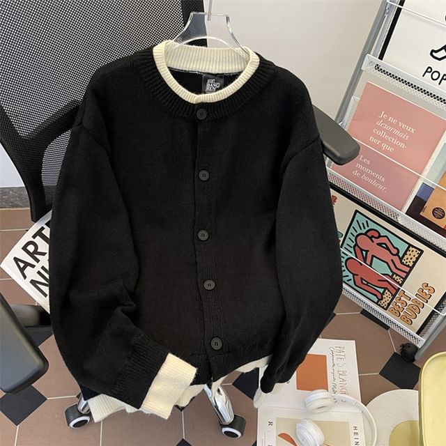 Whyessa-Round Neck Plain Contrast Trim Cardigan