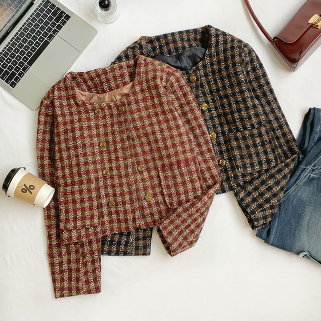 Iasia-Round Neck Plaid Tweed Crop Button Jacket