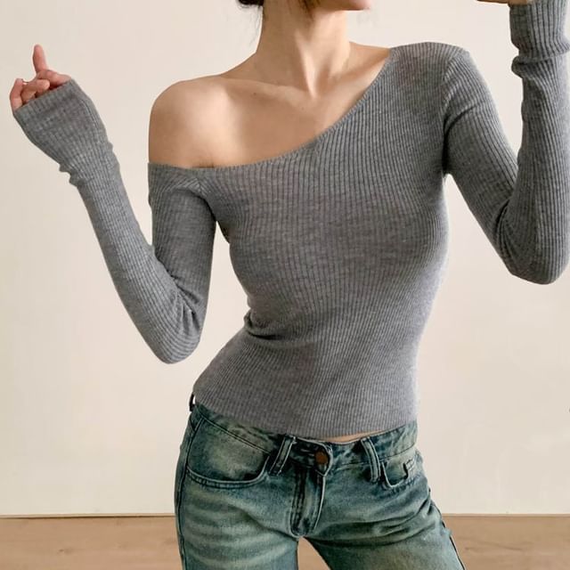Hollahop-Long Sleeve One Shoulder Plain Ribbed Knit Top