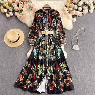 sunnysnow Set: Long-Sleeve Stand Collar Floral Print Button-Up Maxi A-Line Dress + Belt Sale