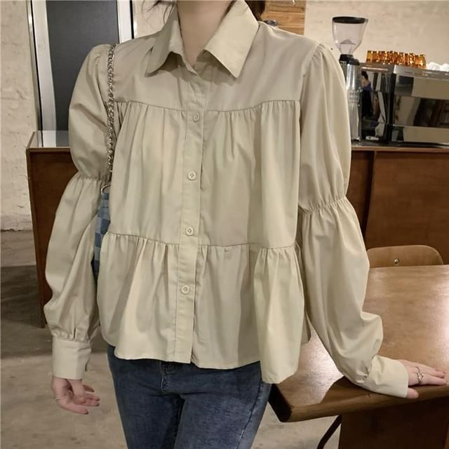 Sisyphi-Long Sleeve Collared Plain Ruched Shirt