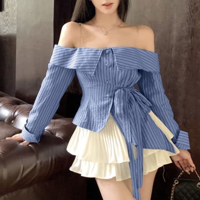WOW!NITE - Cold Shoulder Tie Neck Striped Blouse / Mid Waist WOW!NITE - Cold Shoulder Tie Neck Striped Blouse / Mid Waist