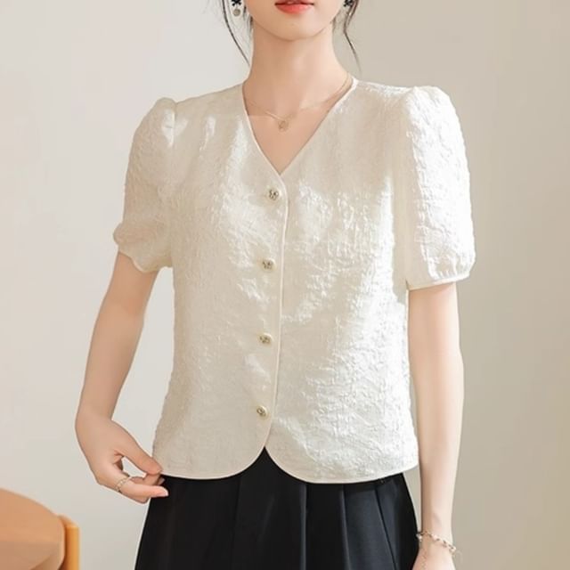 Dragan Pulse-Short-Sleeve V-Neck Plain Blouse